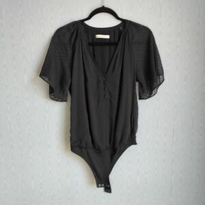 Abercrombie & Fitch Small Swiss Dot Bodysuit Flutter Sleeve Black Whimsigoth